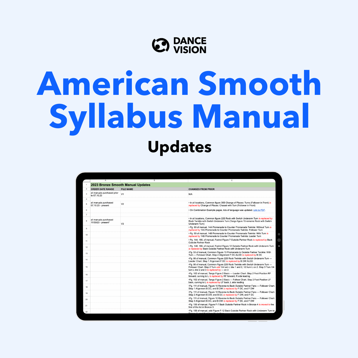 A spreadsheet to track the updates to the American Smooth Syllabus Manuals.